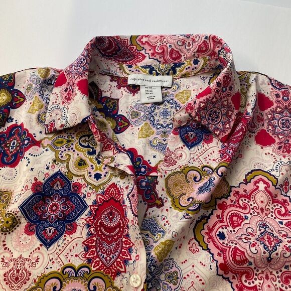Cupcake and Cashmere Paisley Blouse Button Down Multicolor Feminine Boho Chic XS - Picture 6 of 12